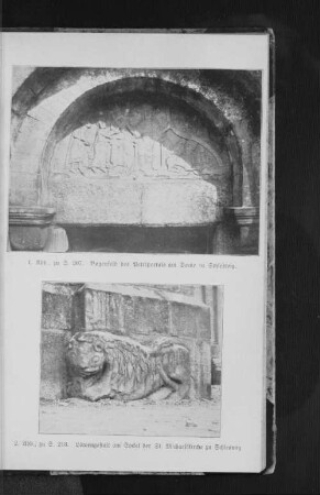 1. Abb., zu S. 207. Bogenfeld des Petriportals am Dome zu Schleswig. 2. Abb., zu S. 213. Löwengestalt am Sockel der St. Michaeliskirche zu Schleswig.