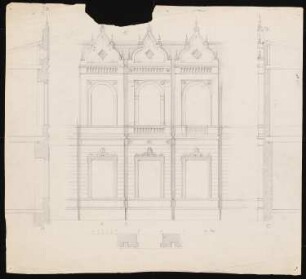 Zweigeschossiges Schloss: Fassadendetail (Ausschnitt), Ansicht, Schnitte
