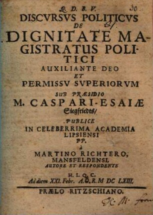 Discursus polit. de dignitate magistratus politici