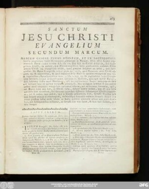 Sanctum Iesu Christi Evangelium Secundum Marcum.