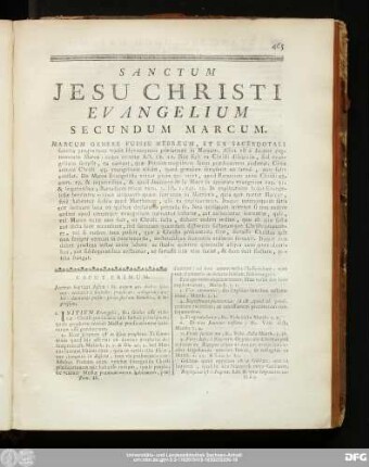 Sanctum Iesu Christi Evangelium Secundum Marcum.