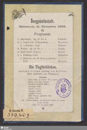 Berggesellschaft, Mittwoch, 11. December 1889 : Programm