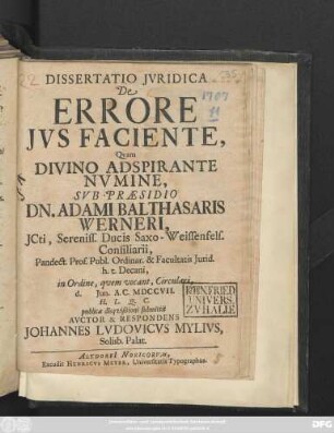 Dissertatio Jvridica De Errore Jvs Faciente
