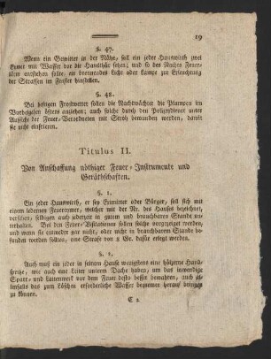 Titulus II. Von Anschaffung nöthiger Feuer-Instrumente und Geräthschaften
