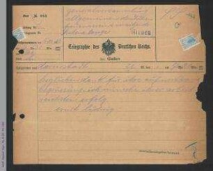 Telegramm von Ernst Ludwig, Großherzog von Hessen-Darmstadt, an die 27. Generalversammlung des ADF 1913 in Gießen, z.H. Helene Lange
