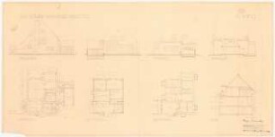 Garten Hermann Leinweber, Berlin-Schlachtensee: Vorderansicht, Rückansicht, 2 Seitenansichten, Schnitt, Grundrisse Kellergeschoss, Erdgeschoss und Dachgeschoss 1:100 (Zeichnung des Architekten)