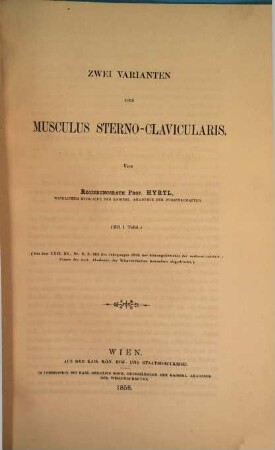 Anatomische, zoologische ... Abhandlungen in Separatabdrücken aus den Sitzungsberichten der math. naturwiss. Classe d. k. k. Akad. der Wissenschaften zu Wien : in 3 voll., 17