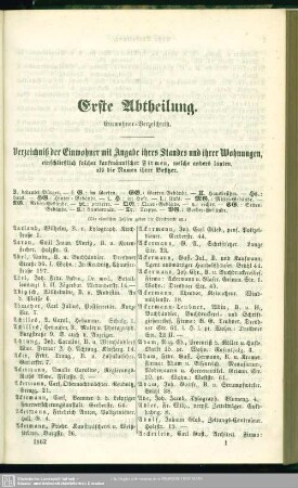 Erste Abtheilung. Einwohnerverzeichnis : Erste Abtheilung. Einwohner-Verzeichniß