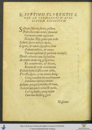 Quinti Septimii Florentis Ode Ad Germanorum Auxiliarem Exercitum