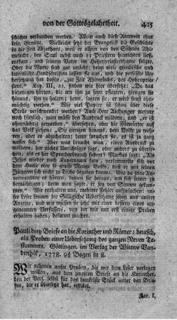 Pauli drey Briefe an die Korinther und Römer: deutsch, als Proben einer Uebersetzung des ganzen Neuen Testaments.