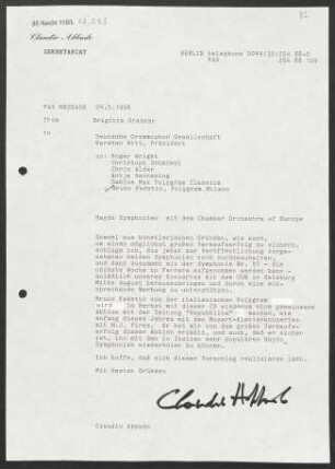 Brief an Karsten Witt an Deutsche Grammophon-Gesellschaft, 24.05.1996
