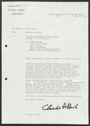 Brief an Karsten Witt an Deutsche Grammophon-Gesellschaft, 24.05.1996