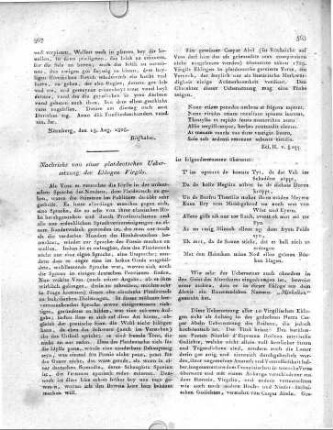 Nachricht von einer platdeutschen Uebersetzung der Eklogen Virgils.
