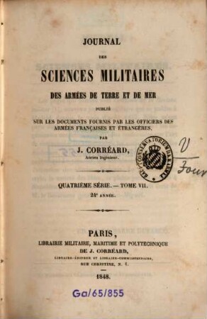 Journal des sciences militaires des armées de terre et de la mer. 7 = A. 24. 1848