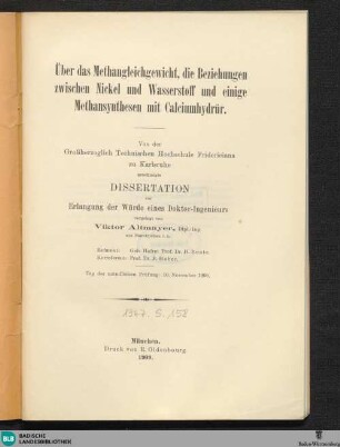 Über das Methangleichgewicht, die Beziehungen zwischen Nickel und Wasserstoff und einige Methansyntesen mit Calciumhydrür