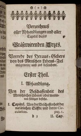 Verzeichnuß aller Abhandlungen und aller Capitel dieses Präservirenden Artzts.
