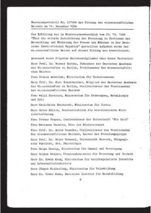 Beschlußprotokoll Nr. 2/1966 der Sitzung des wissenschaftlichen Beirats am 14. Dezember 1966