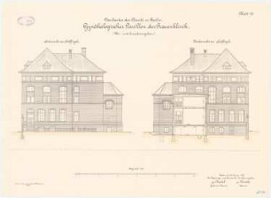 Frauenklinik der Charité, Berlin Gynäkologischer Pavillon, Um- und Erweiterungsbau: S-, N-Ansicht (Südflügel), Querschnitt 1:100