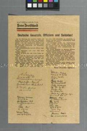 Abwurf-Flugblatt des Nationalkomitees Freies Deutschland mit dem Aufruf des Bundes Deutscher Offiziere zur Beendigung des 2. Weltkrieges
