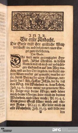 Die erste Andacht. Die Seele tritt ihre geistliche Wanderschafft an, und bekommet einen Engel zum Gefehrten.