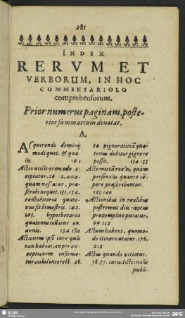 Index Rerum Et Verborum, In Hoc Commentariolo comprehensorum