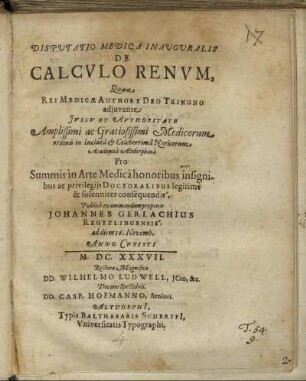 Disputatio Medica Inauguralis De Calculo Renum