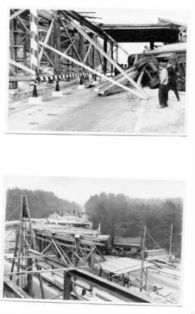 Überführung der L 558 Bruchsal - Büchenau in km 610,661 Wiederaufbau 1949/50 Einsturz des Lehrgerüsts durch Anfahren eines Lkw im Dezember 1949.