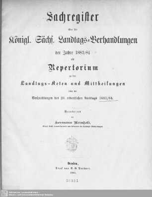 1883/84: Sachregister über die Verhandlungen des ... Ordentlichen Sächsischen Landtages