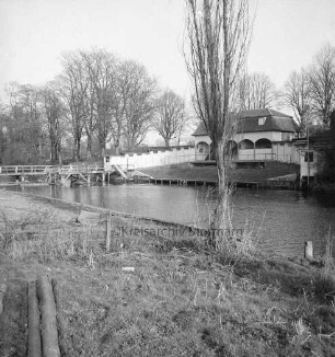 Trave: vorn rechts Baum am Ufer: hinten rechts alte Badeanstalt: hinten links Holzbrücke: dahinter Bäume des Bürgerparks