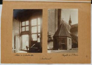 Diele Frankenstraße, Stralsund. Kapelle der Marienkirche, Stralsund: Innenansicht Diele, Ansicht Kapelle (aus: Skizzen- und Fotoalbum 25)