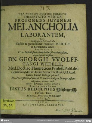 Dissertatio Medica, Proponens Juvenem Melancholia Laborantem