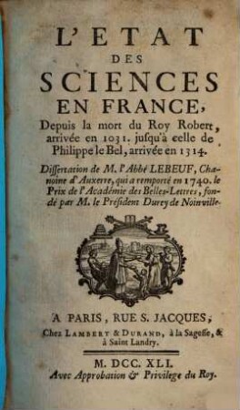 L' etat des sciences en France en 1031 - 1314