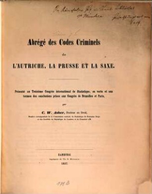 Abrégé des Codes criminels de l‛Autriche, la Prusse et la Saxe