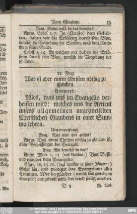 22. Frag. Was ist aber einem Christen nöthig zu glauben