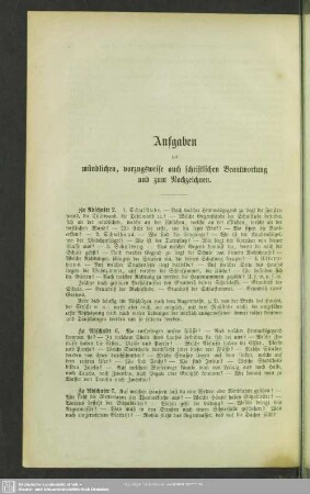 Aufgaben zur mündlichen, vorzugsweise auch schriftlichen Beantwortung und zum Nachzeichnen