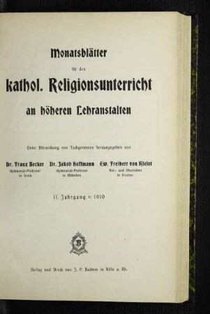 11: Monatsblätter für den katholischen Religionsunterricht an höheren Lehranstalten - 11. 1910