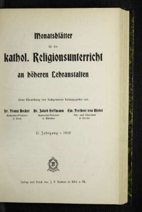 11: Monatsblätter für den katholischen Religionsunterricht an höheren Lehranstalten - 11. 1910