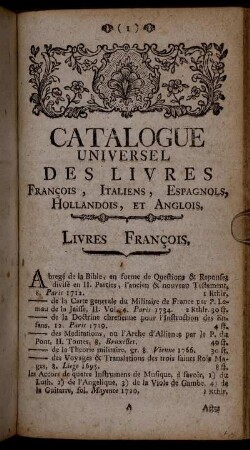 Catalogue Universel des Livres François, Italiens, Espagnols, Hollandois, et Anglois.