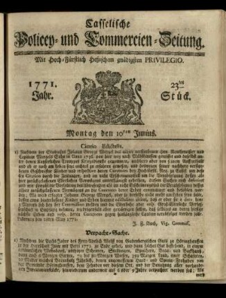 23tes Stueck, Montag den 10ten Junius 1771