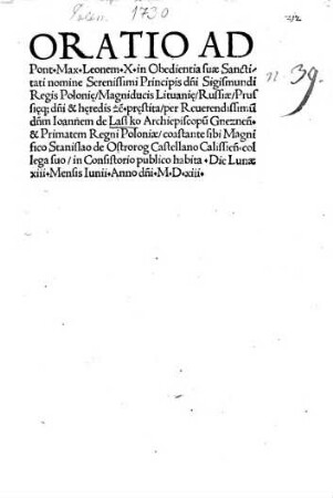 Oratio ad pont. max. Leonem X. ... nomine ... Regis Poloniae ... dicta
