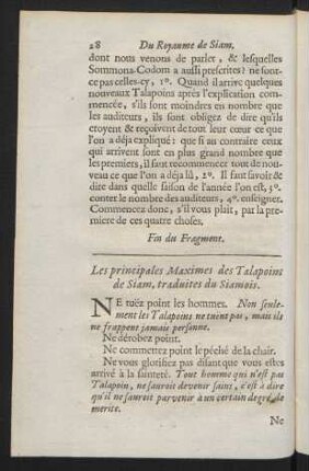 Les principales maximes des talapoins de Siam, traduites du Siamois