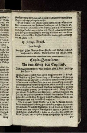 Copia-Schreibens An dem König von Engeland