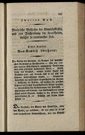 Erstes Kapitel. Vom Gemüth überhaupt. - Drittes Kapitel. Ueber Gemüths- Wahrnehmung, und deren Krankheiten.