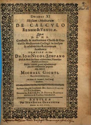 Decades XI thesium medicarum de calculo renum & vesicae