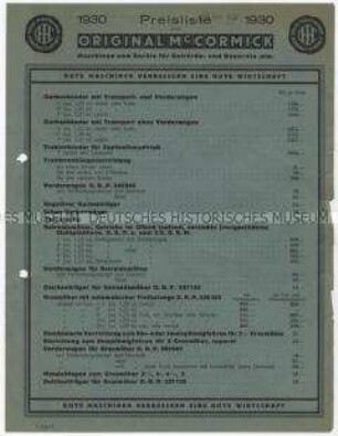Preisliste für landwirtschaftliche Geräte und Maschinen
