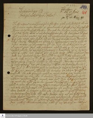 Brief von Johann Ernst Bergmann an Johann Ludwig Schulze über die Anfangsjahre Ebenezers sowie seine Beziehungen zu anderen Konfessionen.