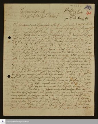 Brief von Johann Ernst Bergmann an Johann Ludwig Schulze über die Anfangsjahre Ebenezers sowie seine Beziehungen zu anderen Konfessionen.