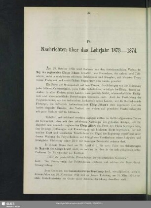IV. Nachrichten über das Lehrjahr 18773-1874