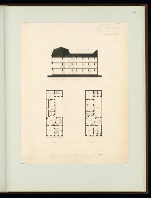 Städtisches Wohnhaus Monatskonkurrenz Januar 1858: Grundriss Erdgeschoss, Obergeschoss, Längsschnitt; Maßstabsleiste