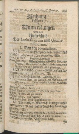 Anhang/ bestehend in Anmerckungen Von dem Unterscheid Der Latinismorum und Germanismorum.